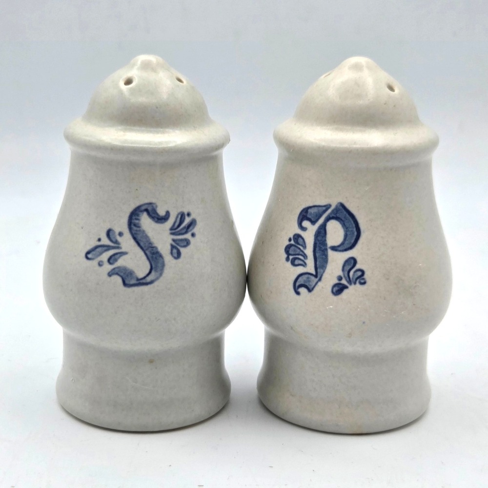 Vintage Pfaltzgraff Yorktowne Grey and Blue Salt And Pepper Shakers W/ Stoppers